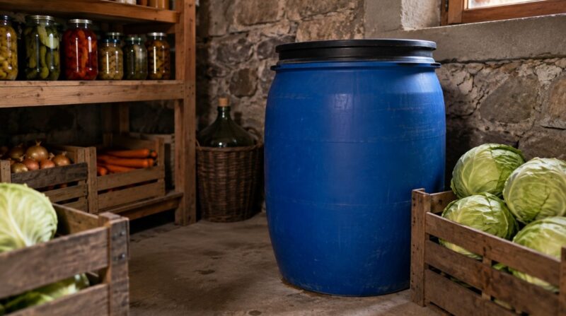 Plastično bure sa kupusom smešteno u hladnijoj ostavi tokom procesa fermentacije
