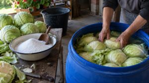 Slaganje glavica kupusa u plastično bure sa rasolom tokom tradicionalnog kiseljenja kupusa