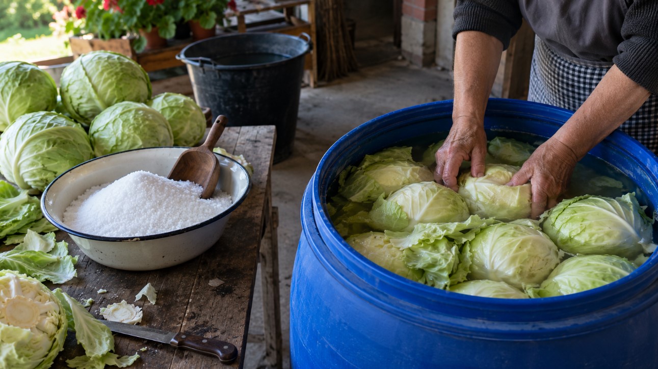 Slaganje glavica kupusa u plastično bure sa rasolom tokom tradicionalnog kiseljenja kupusa