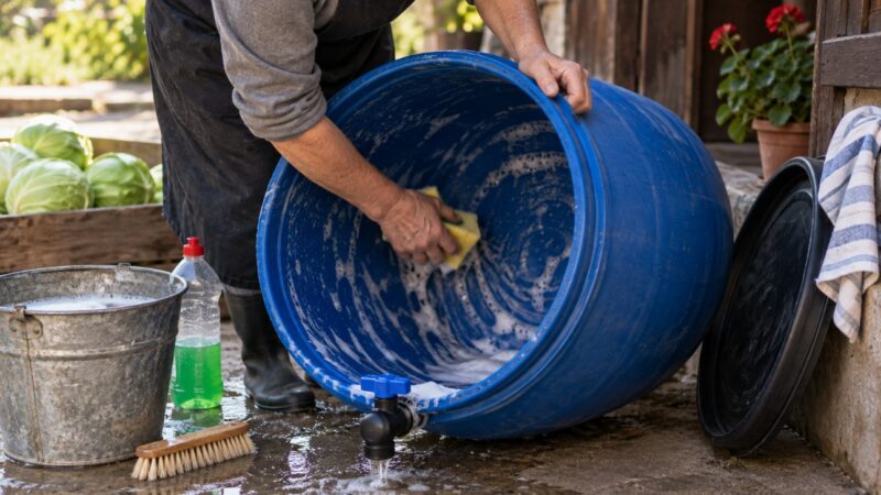Temeljno pranje plastičnog bureta pre slaganja kupusa za kiseljenje
